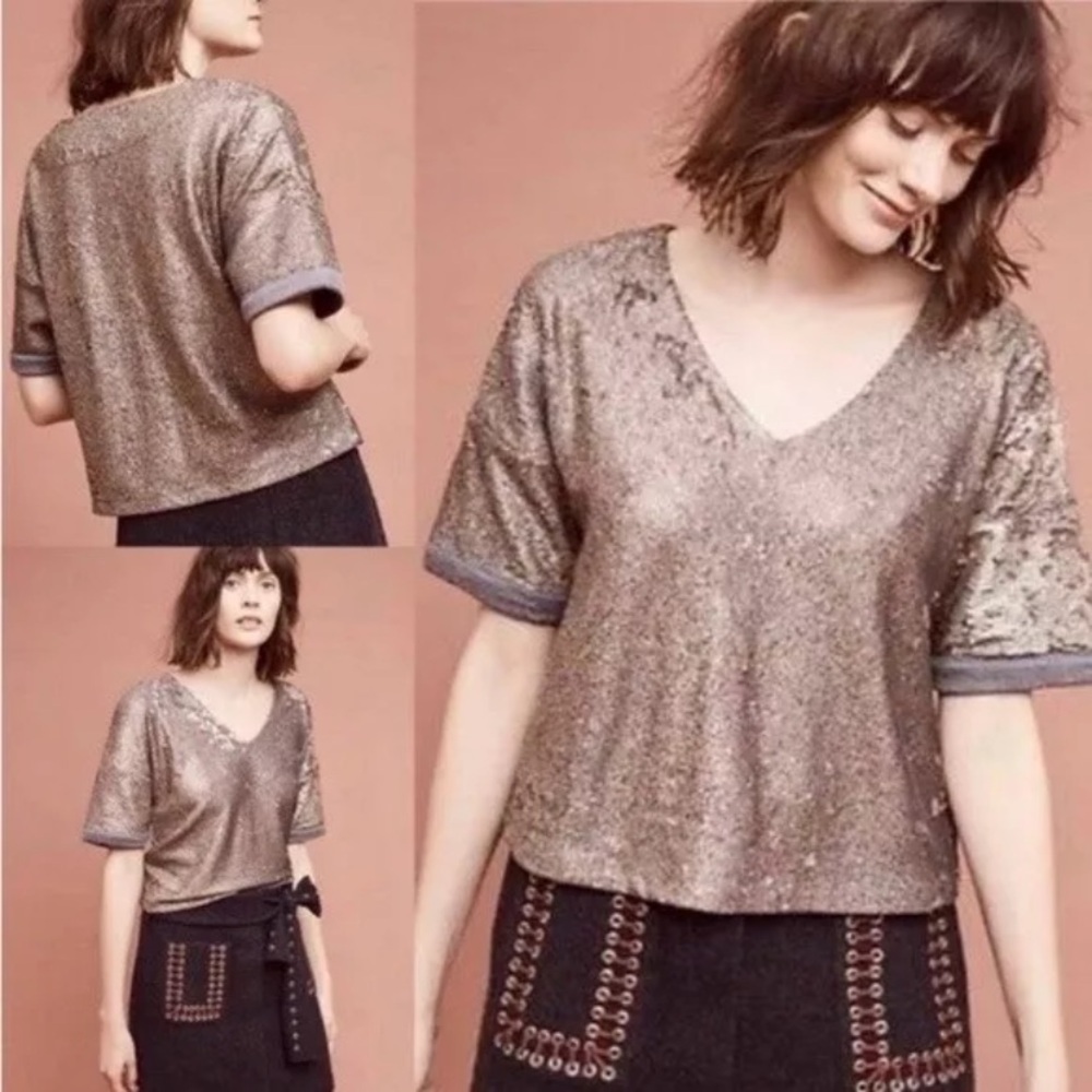 DELETTA by ANTHROPOLOGIE Sequin Boxy Top in Gold